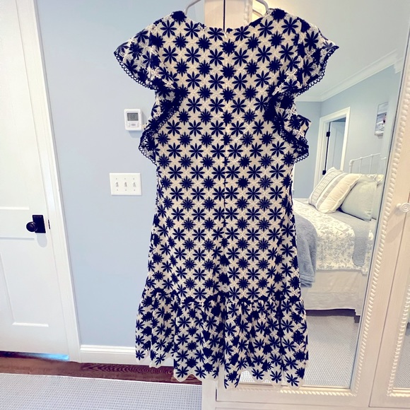 Shoshanna Embroidered Ruffled Dress in Dark Navy and White - Picture 2 of 5